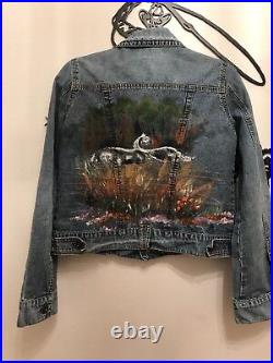 HAND PAINTED Stretch Denim Fitted JacketWestern Indian Horse Size L