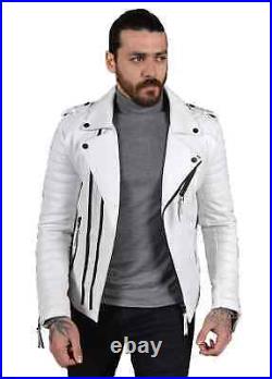 HOT! New Stylish Men's Genuine Lambskin WHITE Leather Biker Coat Jacket