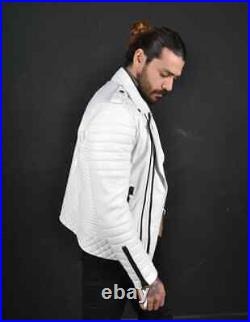 HOT! New Stylish Men's Genuine Lambskin WHITE Leather Biker Coat Jacket