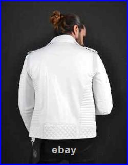 HOT! New Stylish Men's Genuine Lambskin WHITE Leather Biker Coat Jacket