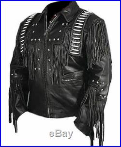 Handmade Classic Mens Western Cowboy Leather Jacket With Fringe and Beads