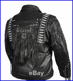 Handmade Classic Mens Western Cowboy Leather Jacket With Fringe and Beads