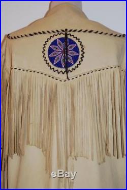 Handmade Deer Skin Leather Western Native American Beaded Fringed Jacket Coat XL