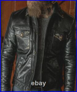Handmade Men Cargo Pocket Leather Jacket. Men Leather Coat, Western Men Jacket