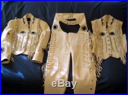 Handmade Men Western Cow Leather Jacket Vest and Pants Bones, Fringe Beads