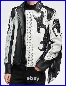 Handmade Men fringe studded two tone leather Jacket, Men Rock motorcycle Jacket