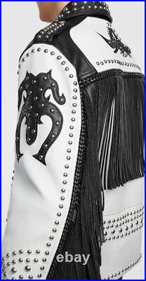 Handmade Men fringe studded two tone leather Jacket, Men Rock motorcycle Jacket