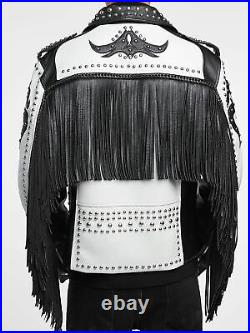 Handmade Men fringe studded two tone leather Jacket, Men Rock motorcycle Jacket