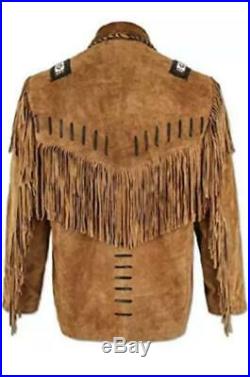 Handmade Men's Native American Buckskin Leather Western Jacket Coat With Fringe