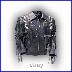 Handmade Men's Western Cowboy Black Color Coat Collar Leather Jacket, Sale