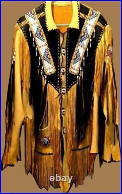 Handmade Native American Western Suede Leather Jacket Fringed & Beaded Work Coat