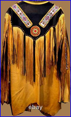 Handmade Native American Western Suede Leather Jacket Fringed & Beaded Work Coat