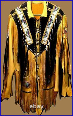 Handmade Native American Western Wear Suede Leather Jacket Fringes & Beads Work