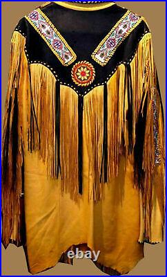 Handmade Native American Western Wear Suede Leather Jacket Fringes & Beads Work