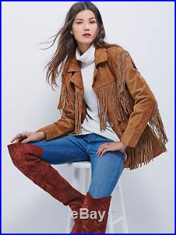 Handmade Women Brown Western Style Suede Leather Jacket Coat With fringes