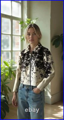 Handmade Women's Cowhide Leather Western Jacket Black White Gift for Her