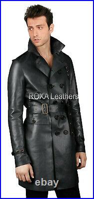 Handsome Men Button Jacket Soft Authentic Lambskin Pure Leather Long Trench Coat
