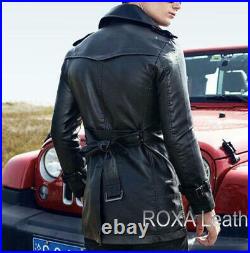 Handsome Men Soft Genuine Sheepskin Leather Long Trench Coat Black Outfit Jacket