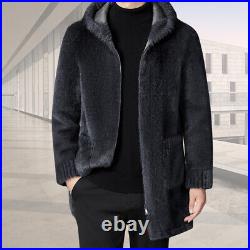 Hooded Mink Fur Coat Men's Thicken Warm Mid-length Fur One-piece Reversible Coat