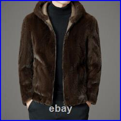 Hooded Reversible Real Mink Fur One-piece Mens Coat Casual Thickened Warm Jacket