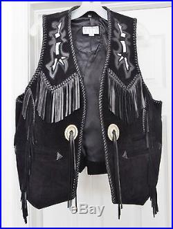 International Male Vest Western Fringed Conchos Painted Buffalo Beaded Black XL