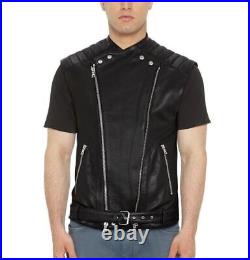 Jacket Lambskin Classic Western Vest Coat Leather Waistcoat Black Zipper Men