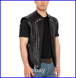 Jacket Lambskin Classic Western Vest Coat Leather Waistcoat Black Zipper Men