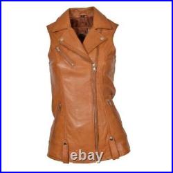 Jacket Western Classic Vest Coat Waistcoat Women Button Lambskin Leather Brown