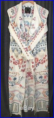 Johnny Was Biya Beige Western Embroidered Cotton Long Patchwork Wrap Duster S