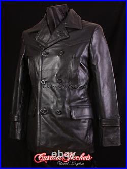 KRIEGSMARINE Men's German Pea Coat Hip Length Cowhide Leather Jacket Coat Black