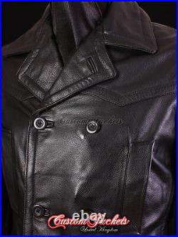 KRIEGSMARINE Men's German Pea Coat Hip Length Cowhide Leather Jacket Coat Black