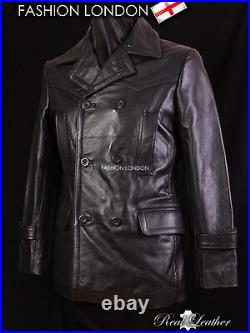 KRIEGSMARINE Men's German Pea Coat Submarine Cowhide Leather Jacket Coat Black