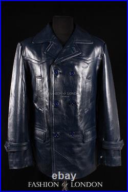 KRIEGSMARINE Mens Leather Coat German WW2 Long Jacket Navy Blue Cowhide Pea Coat