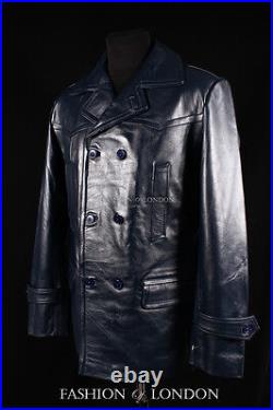 KRIEGSMARINE Mens Leather Coat German WW2 Long Jacket Navy Blue Cowhide Pea Coat