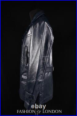 KRIEGSMARINE Mens Leather Coat German WW2 Long Jacket Navy Blue Cowhide Pea Coat