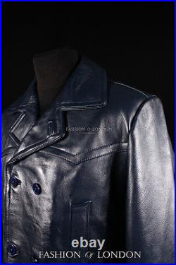 KRIEGSMARINE Mens Leather Coat German WW2 Long Jacket Navy Blue Cowhide Pea Coat