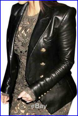 Kim Kardashian Double Breasted Slim Fit Blazer Coat Womens Black Leather Jacket
