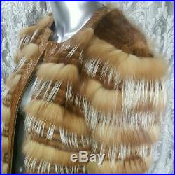 Kriosz Lvintage Genuine Fox Mink Fur Real Golden Brown Leather Coat Jacket