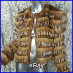 Kriosz Lvintage Genuine Fox Mink Fur Real Golden Brown Leather Coat Jacket