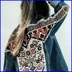 L New Boho Embroidered Denim Jacket Distressed Coat Vg Insp Womens Size LARGE