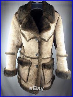 LAWRENCE Vtg 70s Shearling Wool Marlboro Western Leather Coat Long Jacket sz S
