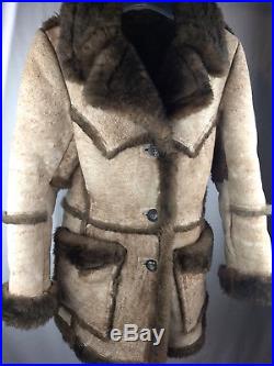 LAWRENCE Vtg 70s Shearling Wool Marlboro Western Leather Coat Long Jacket sz S