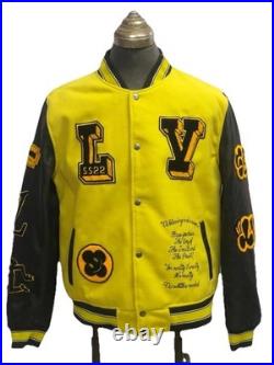 LV Leather Embroidered Varsity Jacket Yellow & Black Athletic Style