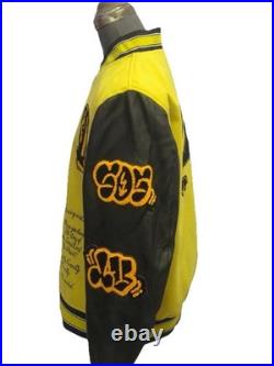 LV Leather Embroidered Varsity Jacket Yellow & Black Athletic Style