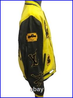 LV Leather Embroidered Varsity Jacket Yellow & Black Athletic Style