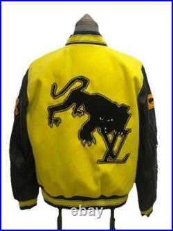 LV Leather Embroidered Varsity Jacket Yellow & Black Athletic Style