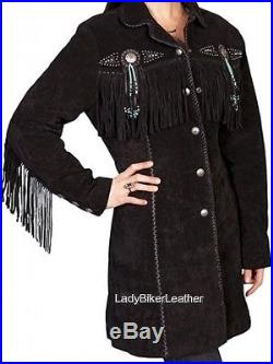 Ladies BEADED Cream SUEDE Leather WESTERN FRINGE 3/4 Length COAT Jacket CONCHOS