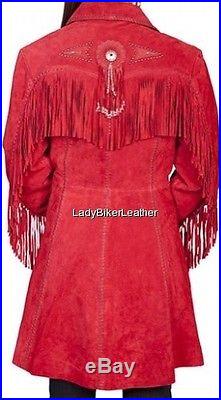 Ladies BEADED Red SUEDE Leather WESTERN FRINGE 3/4 Length COAT Jacket CONCHOS