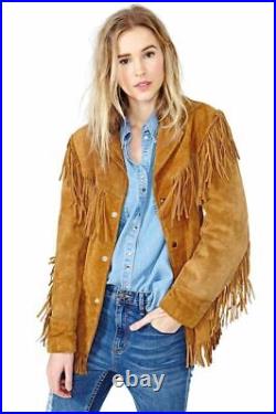 Ladies Jacket Western Suede Leather Cow-Lady Native American Women Fringe coats