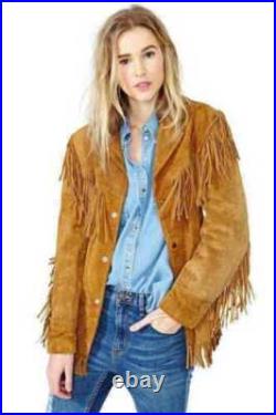 Ladies Jacket Western Suede Leather Cow-Lady Native American Women Fringe coats